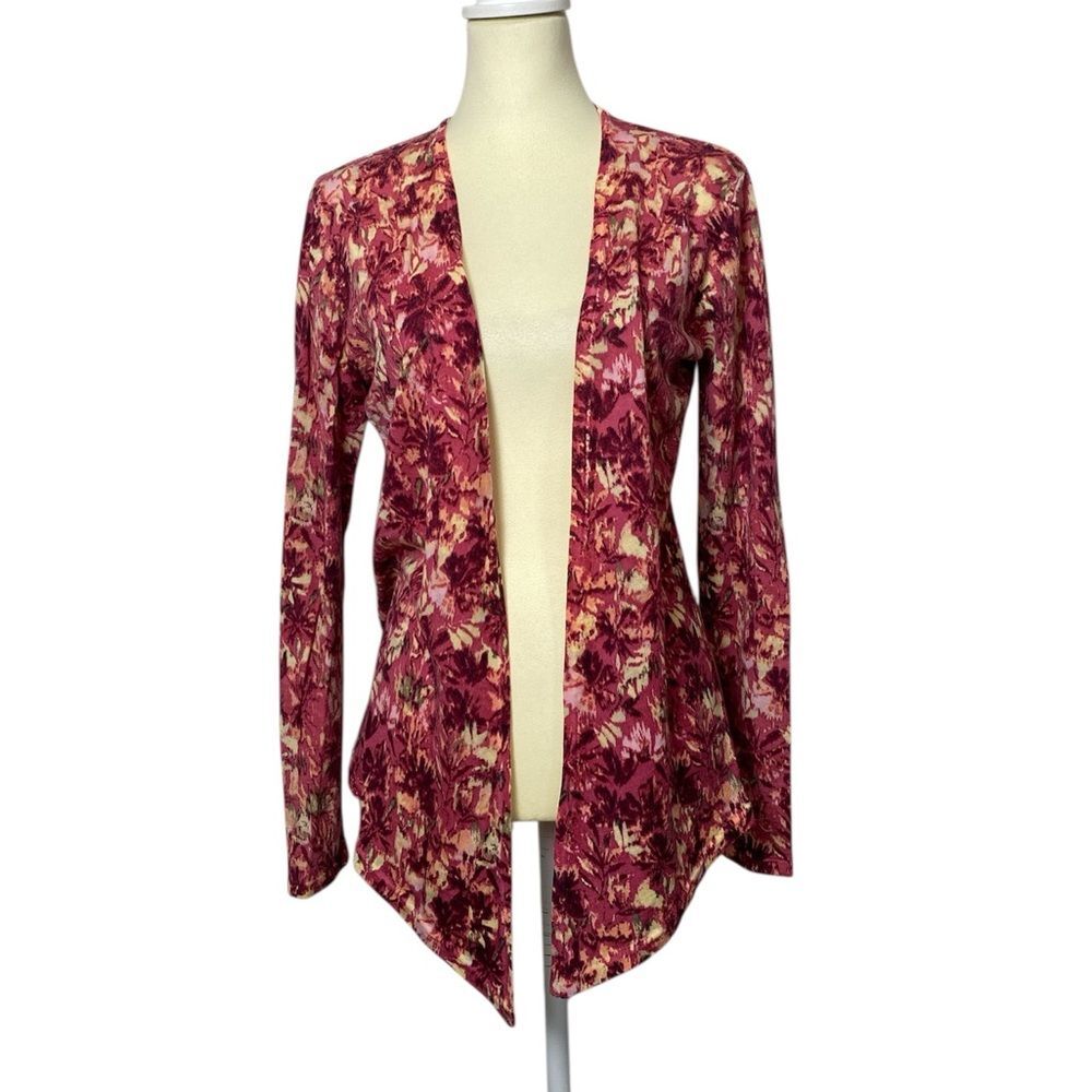 Garnet Hill 100% Merino Wool Floral Print Open Front Cardigan Women's Size M